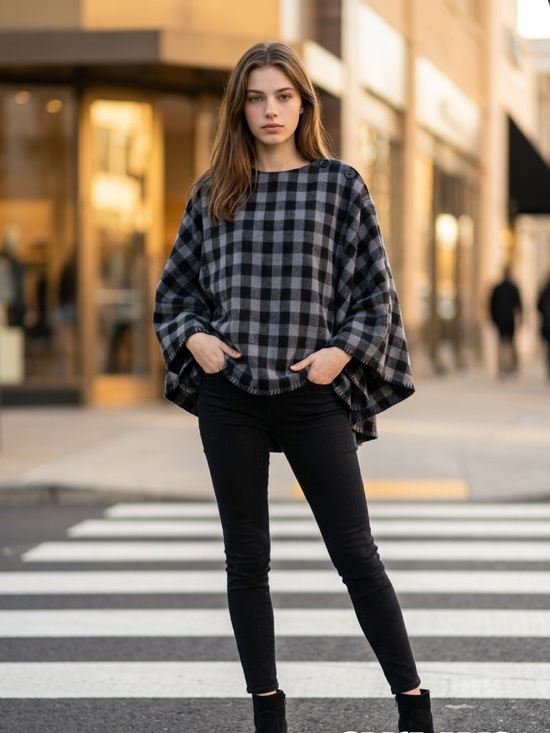 Stormy Kromer Jackets & Blazers - Stormy Kromer Wool Buffalo Plaid Gray Black Poncho Cape Shawl Women’s OS New